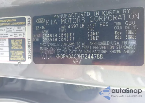 2017 Kia Sportage Lx z USA, uszkodzony, nr VIN KNDPM3AC3H7244788